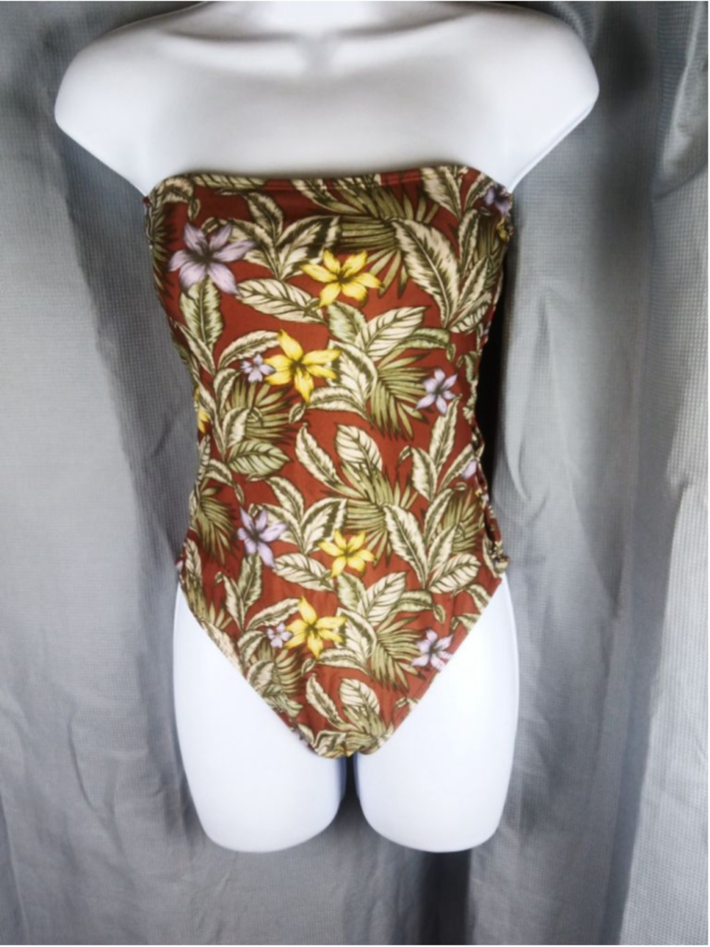 Women's AERO Brown Green Floral Strapless One Piece Swimsuit S
